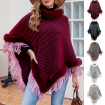 Street Fashion Plysch Splits Mock Neck Tofs Stripe Printed Cape Sjal