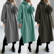Street Fashion Långärmad Hoodie med Dragsko och Slits