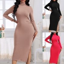 Modefärgad Mock Neck Långärmad Slitad Bodycon Klänning
