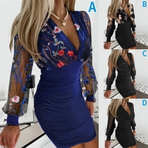 Sexig V-ringad Bodycon klänning med blommigt mönster