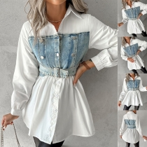 Jeansskjorta med knappar, ståkrage och långa ärmar