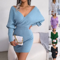 Sexig V-ringad Batwingärms-midja Cinch Stickad Bodycon Tröjklänning