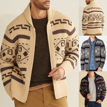 Vintage mäns långärmad cardigan med stativkrage och blommönster