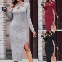 Sexig V-ringad Långärmad Bodycon Klänning med Framstycke och Slits
