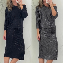 Modeglitterpaljett rundhalsad långärmad klänning