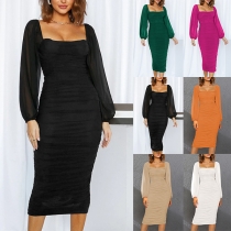 Elegant fyrkantig halsringad långärmad Bodycon-klänning