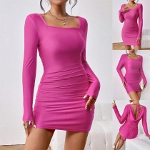 Sexig röd draperad rygglös bodycon-klänning med fyrkantig hals och långa ärmar
