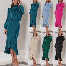 Elegant enfärgad draperad hals långärmad volang och oregelbunden satinklänning