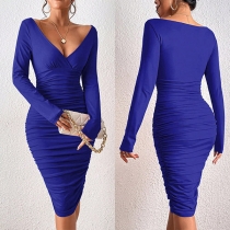 Mode Enfärgad V-ringad långärmad Ruched Bodycon Klänning