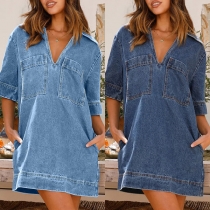 Casual Gammaltvättad V-ringad Mini Denim Klänning med Patch-fickor