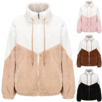 Modekontrastfärgade Mock Neck Långärmade Dragsko Front Zipper Plysch Jacka
