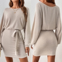 Mode Rundhals Langärmeliges Self-Tie Rippstrick Minikleid