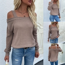 Mode långärmad Cami-stil stickad tröja med öppen axel