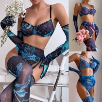 Mode: Femme Fatale Underkläderset med Halvttransparent Design - Inkluderar BH, Midjeband, Trosor, Handskar och Knähöga Strumpor