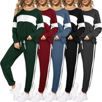 Street Fashion Kontrastfärg Tvådelat Set med Randtryck – Sweatshirt och Träningsbyxor med Dragsko.