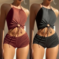 Sexig enfärgad dragsko Ruched Bikini Set - Halterneck simtopp och simunderdel