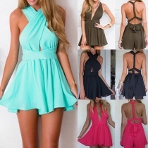 Sexy Crossover Backless Deep V-neck Solid Color Jumpsuits