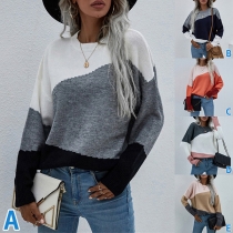 Street Fashion Kontrastfärgad Långärmad Tröja med Rund Hals