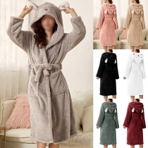 Mode Hooded Plysch Pyjamas Robe med Söt Självbundet Skärp