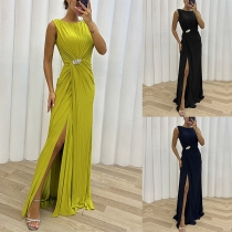 Mode Rundhals Ärmelloses Rüschen Schlitz Partykleid(Storlek Run Small)