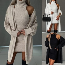 Fashionset med en ärmless Bodycon-klänning med turtleneck och kofta i plysch(Storlek Run Small)