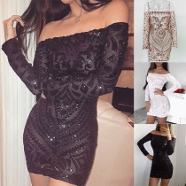 Sexig paljettbesatt klänning med off-shoulder och lång ärm för festligt tillfälle