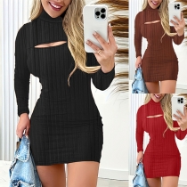 Sexig Mock Neck Långärmad Bodycon-klänning med framstycke i ribbad stil