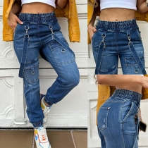 Street Fashion Gammalt tvättade denim hängseljeans