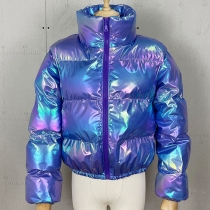 Gatufashion: Långärmad Quiltad Crop Jacka med Stativkrage i Gradientfärg för Kvinnor