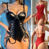 Sexig V-ringad snörning Rygglös konstläder PU Underkläder Bodysuit