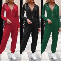 Mode Enfärgad Hooded Jumpsuit med halv dragkedja