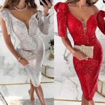 Mode Bling-bling V-ringad paljettklänning med volang och ärmlös Bodycon-klänning