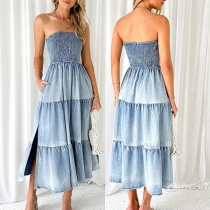 Sexig Smocked Strapless Gammalt tvättad Tiered Slit Denim Klänning