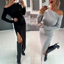 Sexig klänning med enfärgad design, axelbandslös och långärmad, med en elegant slits.