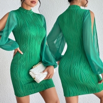 Mode Mock Neck Slit Grön Långärmad Bodycon Klänning