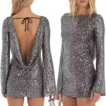 Mode Bling-bling paljett rund hals långärmad draperad rygglös miniklänning