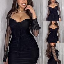Sexig Halterneck Ruched Bodycon Klänning med Söt Halsringning och Halvgenomgående Långärmad Stil