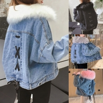 Gatumode Skarvad konstgjord pälsjacka med Batwing-ärmar, Snörning på baksidan och Plyschfoder - Vintage tvättad jeansjacka