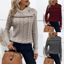 Street Fashion Kabelmönster Knäppt Mock Neck Långärmad Tröja