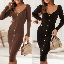 Mode - Enfärgad, Knäppad, V-ringad, Långärmad Ribbad Bodycon Klänning