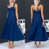 Mode Robe Midi en Jean avec Col en Cœur et Dos Croisé Décolleté en Cœur
