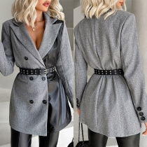 Elegant Notch Lapel Långärmad dubbelknäppt konstläder Splits Duffel Blazer med Bälte