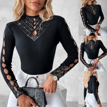 Mode Rhinestone Hollow Out Rundhalsad Långärmad Ribbad Skjorta