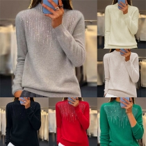 Mode Rhinestone Mock Neck-långärmad skjorta