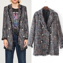 Vintage Dubbelknäppt Duffeljacka med Långa Ärmar och Frayed Hemline