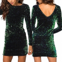 Modeglittrande paljetter, rundhalsad, rygglös långärmad Bodycon-festklänning