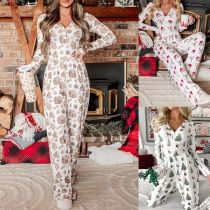 Mode Comfy tryckt V-ringad långärmad Pyjamas Jumpsuit för jul