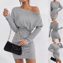 Fashion Randig Tryckt Rund Hals Långärmad Knyt Midjan Bodycon Klänning