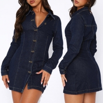 Modeframknäppt långärmad jeansskjorta med ståkrage