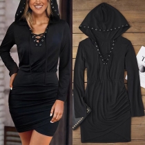 Modeklänning i svart med snörning och V-ringning, långärmad med oregelbunden kant och Bodycon-stil